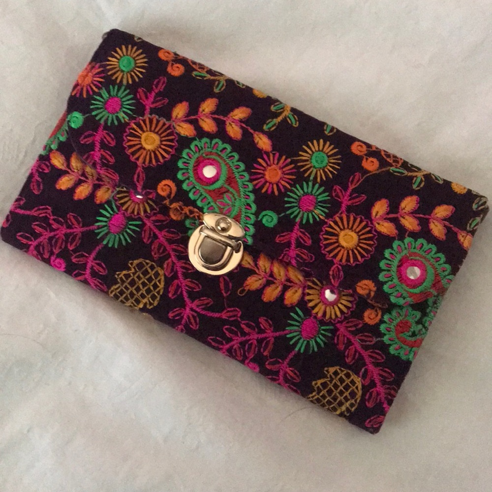 Vibrant colored embroidered shoulder bag/clutch